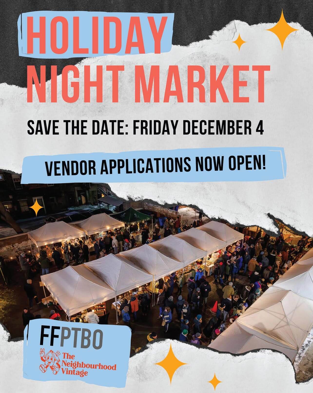 An aerial shot of the holiday night market, rows of tents lines with cheerful lights and a busy atmosphere of customers shopping the vendors